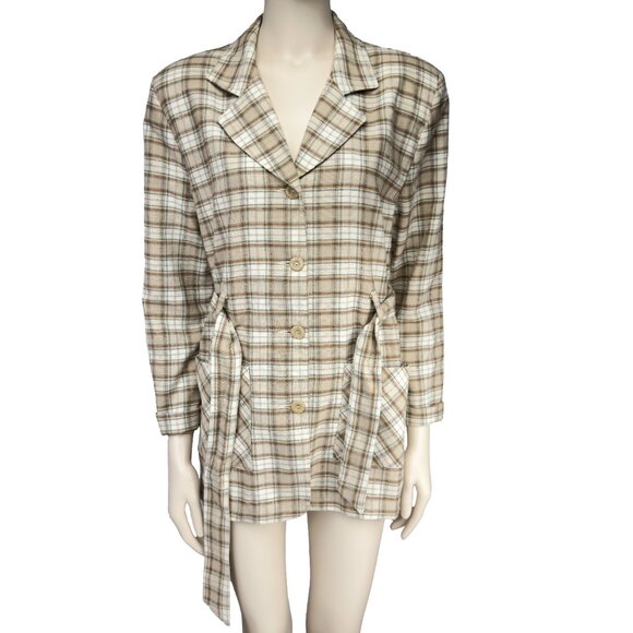 VINTAGE Plaid Belted Academia Canada Beige Red Brown Sage Light Blazer M - Picture 4 of 8